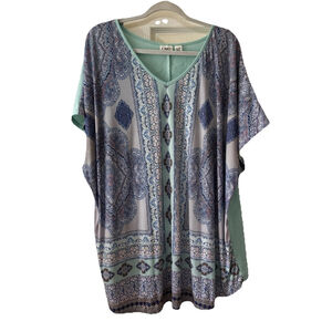 Cato 2X Pretty Aqua Paisley Block Pattern Stretchy Lightweight Summer Top